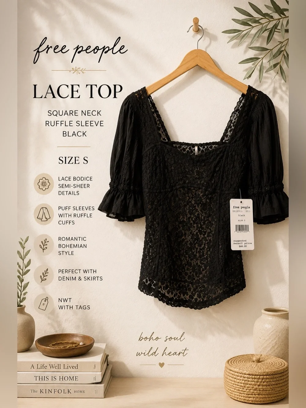 Free People Black Lace Square Neck Ruffle Sleeve Top Size S